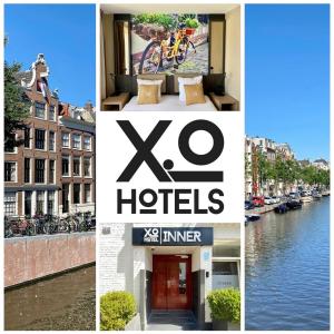 a collage of pictures of a city and a hotel at XO Hotel Inner in Amsterdam