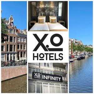 eine Collage mit Bildern einer Stadt und eines Hotels in der Unterkunft XO Hotels Infinity in Amsterdam