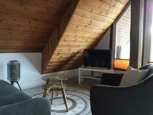 sala de estar con techos de madera y TV en Ferienwohnung DAShaus, en Rheinfelden