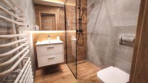 uma casa de banho com um chuveiro, um WC e um lavatório. em Willa Ramzówka - Domek w Beskidzie Sądeckim em Nowy Sącz