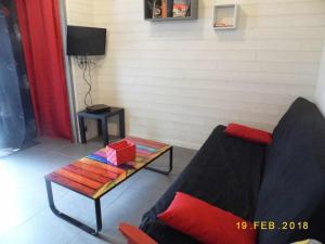 ein Wohnzimmer mit einem Sofa und einem Couchtisch in der Unterkunft Joli petit T4 confortable au bord de leau in Vieille-Brioude