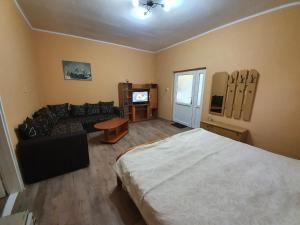 a bedroom with a bed and a couch and a tv at Tisin cvet-Tiszavirág Ada in Ada