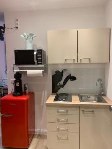 eine kleine Küche mit einer Spüle und einer Mikrowelle in der Unterkunft Hotel Waldhorn in Stuttgart