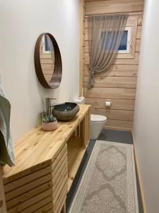 a bathroom with a sink and a toilet and a mirror at Kiiski Home in Teijo