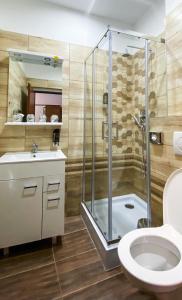 ein Bad mit einer Dusche, einem WC und einem Waschbecken in der Unterkunft Hotel Sýkora in Křivoklát