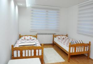 2 Einzelbetten in einem Zimmer mit Fenster in der Unterkunft Apartman Lizdek in Pale