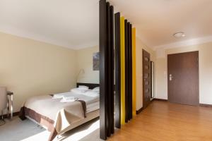 ヤストシェンビャ・グラにあるVilla Buki Pokoje & SPAのベッドルーム(ベッド1台、大きな鏡付)