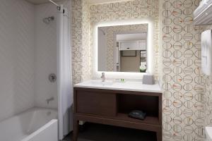 Holiday Inn - Erie, an IHG Hotel في ايري: حمام مع حوض ومرآة وحوض استحمام