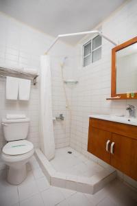 a bathroom with a toilet and a shower and a sink at Capital Hotel in Garapan