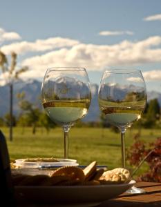 dos vasos de vino blanco sentados en una mesa en The Moorings Motel and Apartments en Wanaka