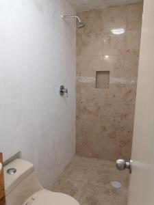 a bathroom with a toilet and a shower at Casita Típica Cholulteca - Completa (8 prs) in Cholula