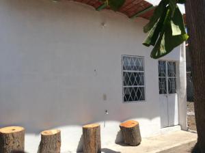 a white building with three tree stumps in front of it at Bungalow for rest at Santa Cruz in Tepic
