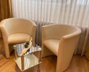 ヘーフェルホーフにあるヴィルスマン アパルトメントフェアミートゥングのガラスのテーブルと花瓶の横に座る椅子2脚