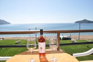 una botella de vino sentada en una mesa con dos copas en ELIAS & VASILI HOUSE en Agios Georgios Pagon
