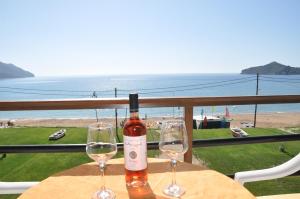 a bottle of wine sitting on a table with two glasses at ELIAS & VASILI HOUSE in Agios Georgios Pagon