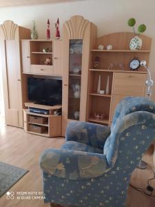 a living room with a chair and a television at Ferienwohnung- Haus Anna in Papenburg