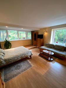 a living room with a couch and a table at Apartamentai Nidoje in Nida