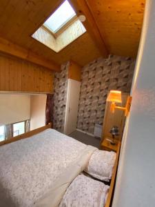a bedroom with a large bed and a skylight at Parenthèse à la montagne in Bessans