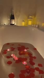 a bath tub with red flowers on the floor at Hotel Los Templarios in Ponferrada