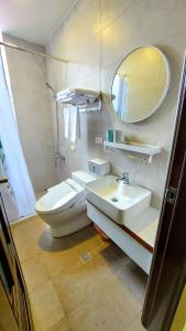 W łazience znajduje się toaleta, umywalka i lustro. w obiekcie 魚兒尖尖民宿 w mieście Yuchi