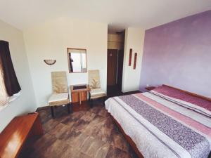 1 dormitorio con 1 cama, mesa y sillas en Hotel Fancy, en Sofía