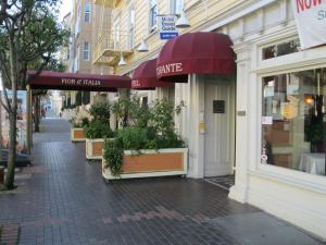 een straat met winkels en planten op een stoep bij San Remo Hotel in San Francisco