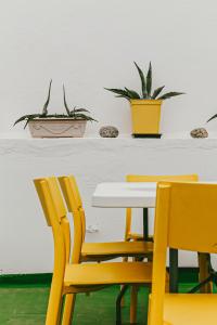 una mesa con sillas amarillas y plantas en una pared en Casa Canaria Beautiful Home in Las Canteras, en Las Palmas de Gran Canaria