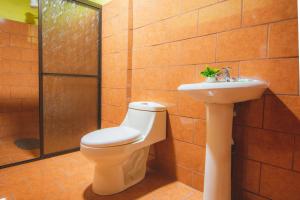 a bathroom with a toilet and a sink at Rio Celeste Springs Blue Lodge in Bijagua