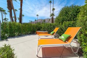 パーム・スプリングスにあるThe Twist Palm Springsの椰子の木が並ぶ歩道に座る椅子2脚