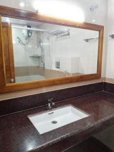 uma casa de banho com um lavatório e um espelho em Hotel Chembiyan em Pudukkottai