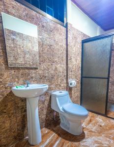 ein Bad mit einem WC, einem Waschbecken und einer Dusche in der Unterkunft Rio Celeste Springs Blue Lodge in Bijagua