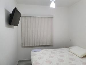 ein Schlafzimmer mit einem Bett und einem TV an der Wand in der Unterkunft Lindo Apartamento em Ubatuba in Ubatuba