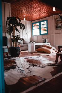 ein Wohnzimmer mit einem Sofa und einer Palme in der Unterkunft Estalagem Inverness - Morro da Igreja - Urubici in Urubici
