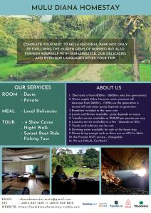a flyer for a miu dana homayay with descriptions of the hotel at Mulu Diana Homestay in Mulu