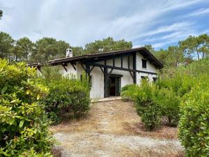 a small white house in the middle of trees at Cottage with a big idyllic garden at the lake in Lacanau