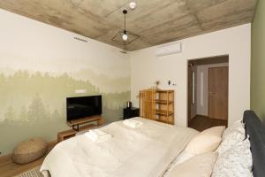 a bedroom with a bed and a flat screen tv at Lujza & Koriander in Vác