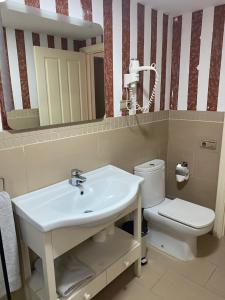 
a white toilet sitting next to a sink in a bathroom at Apartamentos Oasis Maspalomas in Maspalomas
