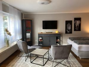 a living room with a bed and chairs and a tv at Forsternest in Hameln