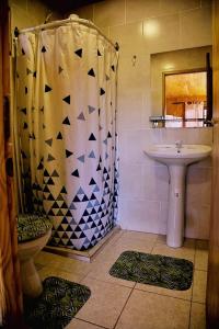 een badkamer met een wastafel, een douche en een toilet bij FRIDA in Puerto Iguazú