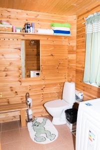 a bathroom with a toilet in a wooden wall at Mere kodumajutus in Kärdla