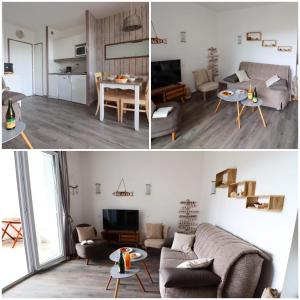 a living room and a living room with a couch and a table at Superbe appart.T2 face à la mer à Tréboul Douarnenez in Douarnenez