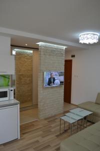 a living room with a tv on a brick wall at Peevi Apartments Elit 1 in Sunny Beach