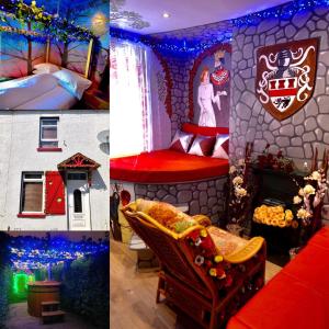 un collage de fotos de un dormitorio con una casa en Princess Becfola fairytale cottage, en Belfast