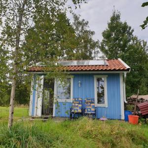 a blue house with chairs in the grass at Gäststuga i vacker natur, bastu, bubbelpool sommartid och gratis parkering, guesthouse with nice view with sauna and free parking close to Dalsjöfors and fishing in Borås