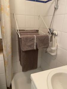 a bathroom with a towel rack next to a sink at Appartement met aparte slaaphoek, garage en balkon in Middelkerke +24 photos