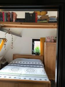 a bedroom with a bed and a shelf with books at City Guesthouse in Hardenberg