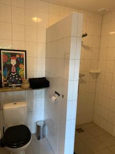 La salle de bains est pourvue d'une douche et de toilettes. dans l'établissement City Guesthouse, à Hardenberg