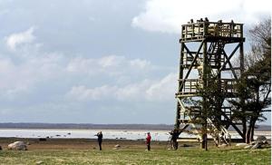 una torre de salvavidas en una playa con gente de pie alrededor en Tuulingu Holiday House at Matsalu National Park en Haeska