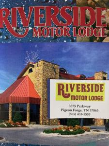 a poster for a riverside motor lodge with a building at Riverside Motor Lodge - Pigeon Forge in Pigeon Forge