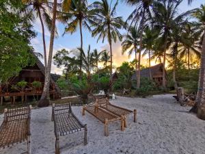 a group of benches on a beach with palm trees at COCO REEF ECOLODGE in Kizimkazi